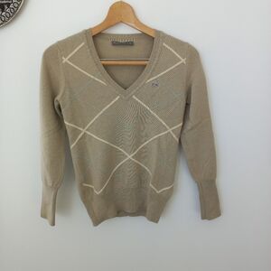 Lacoste Women's Tan Argyle V-Neck Sweater Size 38 US